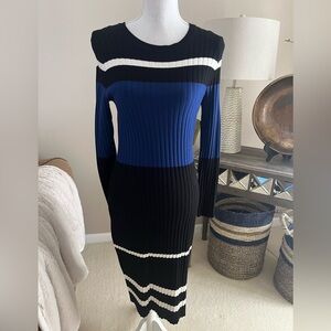 Etcetera Black and Blue Striped Midi Dress